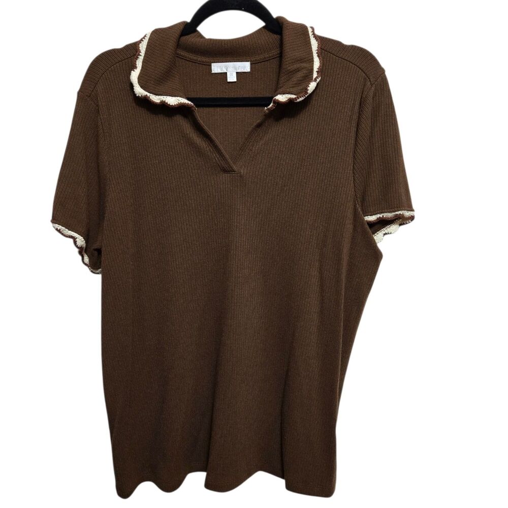 Montgomery Post Johnny Collar Top Brown Fitted Short Sleeves Size 1X